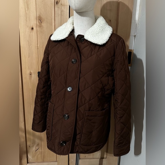 Talbots Petites Brown Quilted Bomber Jacket Shearling Collar Size SP - Picture 2 of 8